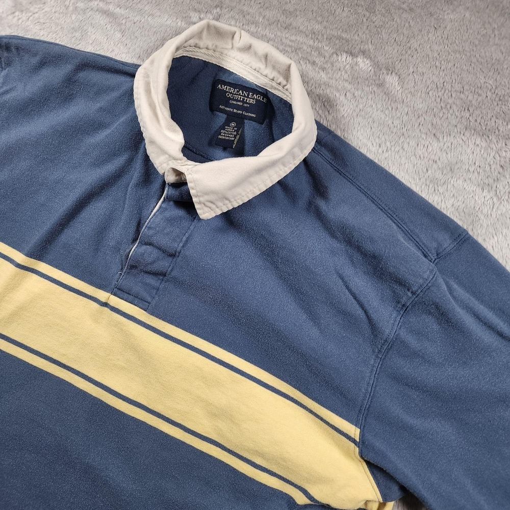 American Eagle Outfitters Rugby Polo Shirt Mens Medium Blue Yellow Stripe AE68